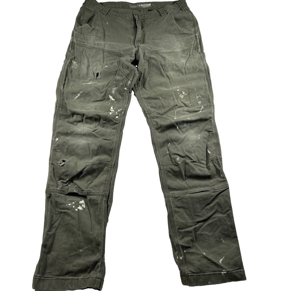 Carhartt Pants Green Canvas Rugged Relaxed Fit 5 Pocket Mens 32x34 Distressed